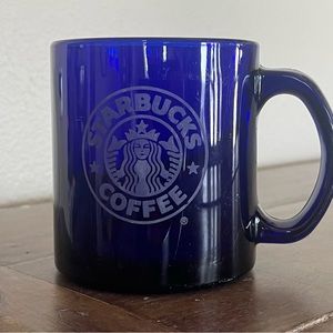 Starbucks Vintage Blue Cobalt Etched Glass Coffee Mug Cup